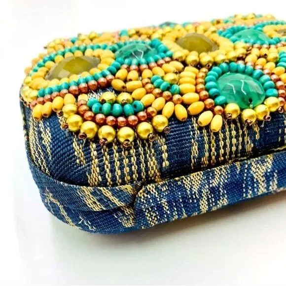 Auth Rafe Minaudière Beaded Boho Canvas Box Clutch Gold-Tone Chainlink Strap - Picture 5 of 15